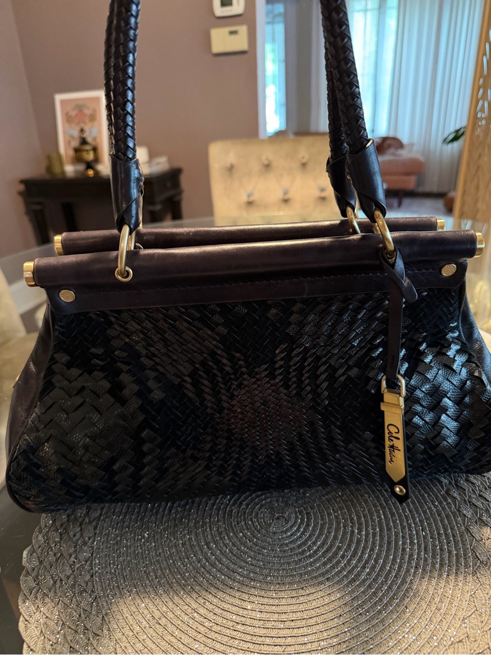 Cole Haan Black Woven Leather/Suede Shoulder Bag with Gold Hardware